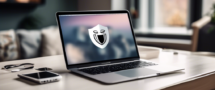 Create an image depicting a MacBook on a stylish desk setup, with a serene background of a modern home office. The laptop screen shows a VPN interface indicating it's connected securely, with symbols of privacy like a lock icon and an anonymous mask. Above the laptop, a floating text or banner reads Kostenlose VPN für Mac: Sicher und Anonym Surfen. The overall feel should balance a sense of security with ease of use.