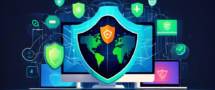 Create an image showing a digital world protected by a shield, symbolizing online privacy. The shield should prominently display the IPVanish logo. In the background, include a variety of devices such as laptops, smartphones, and tablets, all connected to a secure network represented by glowing lines. The setting should convey the concept of free VPN protection, possibly with a stamp or banner that reads Kostenloser VPN-Schutz in bold letters.