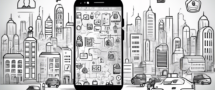 An Android smartphone using a VPN app, with icons representing security and privacy (shield, lock) surrounding it. The background shows a busy cityscape, highlighting the concept of staying safe and private while on the go.