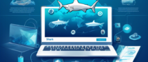 Create an illustration showcasing the advantages and usage of Shark VPN. The image should include a secure internet connection, various global servers, user-friendly interface on different devices (laptop, smartphone, tablet), and imagery representing privacy and data protection (like a shield or lock). The background should subtly integrate elements symbolizing the ocean or a shark to tie in with the Shark VPN branding.