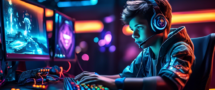 Create an image of a young gamer in a high-tech, futuristic gaming setup, wearing a headset and intensely focused on a computer screen. The screen displays a role-playing game with vibrant graphics. In the background, incorporate symbols and icons representing VPN technology, like secure shield icons, connecting network lines, and digital encryptions. Add a medal or badge on the desk that says Best VPN for Gaming 2023. Use a mix of neon and dark tones to emphasize the high-energy gaming environment.