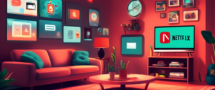 Create an image showing a cozy living room setting with a laptop or smart TV displaying the Netflix homepage. Surrounding the main screen are various digital icons and symbols representing privacy and internet security, such as a VPN shield, padlocks, and encrypted connections. Highlight the sense of seamless streaming experience while emphasizing privacy and security with a VPN feature.