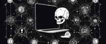 Create an image of a person using a laptop with a virtual shield around it, symbolizing strong VPN protection. The background should show a network of interconnected nodes, representing the internet, with some malicious icons (like skulls or bugs) being blocked by the shield. The overall theme should convey secure browsing and enhanced privacy.