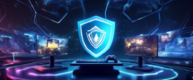 Create an image that illustrates the concept of a Gaming VPN enhancing online gaming experiences by eliminating lag. The scene could feature a dynamic, futuristic gaming setup with a high-tech router, smooth and fast gameplay visuals on a computer screen, and a glowing digital shield symbolizing protection and speed. The background could include blurred visuals of global connections, indicating the network reach, and icons of popular online games subtly integrated. The overall feel should be vibrant, modern, and engaging.