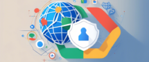 Create an image showcasing the concept of 'Google VPN' for security and privacy on the internet. Illustrate a globe with digital connections protected by a shield emblazoned with the Google logo. Show a secure lock symbol and abstract representations of data privacy, such as encrypted lines and safe browsing icons. The background should be a mix of digital elements like binary code and secure web icons, emphasizing the theme of internet security and privacy.