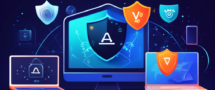 Create an image depicting a secure digital world protected by Avast VPN. Show a user confidently browsing the internet on multiple devices (laptop, smartphone, and tablet) while being shielded by a transparent, glowing shield. The background can feature subtle digital elements like binary code and icons representing security, privacy, and protection. Make sure to include the Avast VPN logo prominently on the shield.