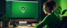 Create an image of a person comfortably sitting at a desk in a cozy, modern home office, securely browsing the internet on their computer. On the computer screen, display the logo of 'VPN Nord' along with a green shield icon symbolizing security. Include elements that convey anonymity and safety, like a lock and key, an incognito icon, and a digital map showing encrypted data transit. Ensure the scene feels secure, private, and technologically advanced.