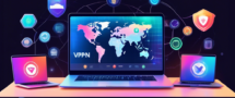 Create an image of a sleek laptop displaying various VPN service logos on its screen, placed on a modern, minimalist desk setup. Surround the laptop with holographic shields symbolizing protection and security, representing a comparison and testing review of the best VPN services. The background should be a mix of digital code and world maps indicating global connectivity.