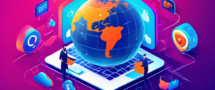 Create an image that illustrates the benefits of using a Virtual Private Network (VPN) for enhanced security. The image should include elements like a shield symbol, secure data transfer icons, a person using a laptop with a VPN activated, and a globe to represent worldwide protection. The background could show encrypted digital connections and locks to emphasize security. Use a modern and clean design with vibrant colors to make the concept clear and engaging.