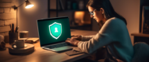 Create an image of a person using a laptop in a cozy, modern home setting. The laptop screen shows a Kaspersky VPN interface with a secure connection. In the background, there is a soft glow from a digital security lock icon, symbolizing data protection and privacy. The mood should feel safe and secure, reflecting a comprehensive guide to using Kaspersky VPN.