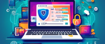 Create an illustration showcasing a laptop with a vibrant screen displaying a secure VPN connection. The background should feature various internet-related icons such as a padlock, globe, Wi-Fi signals, and a shield. Include text that says 'Der beste kostenlose VPN für PC' in bold, eye-catching font.