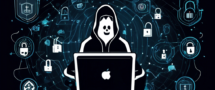 Create an image of a confident user sitting at a computer with various icons representing online privacy and security around them, including padlocks, shields, and encrypted data streams. The background should subtly incorporate ghostly figures to symbolize GhostVPN. The overall theme should convey a sense of security, privacy, and comprehensive protection.