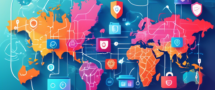 Create an image featuring a stylized digital world map, with secure data connections illustrated by bright lines connecting various countries. Surround the map with icons representing VPN technology, such as locks, shields, and server nodes. Display promotional tags like Best VPN Deals and showcase elements of security and privacy, such as padlocks and encrypted data symbols. Use vibrant colors to highlight the modern and high-tech nature of VPNs.