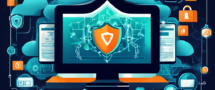 Create a digital illustration that depicts the concept of secure torrenting using VPNs. Show a modern computer screen with a torrent download in progress, surrounded by strong protective shields symbolizing security. Incorporate icons representing popular VPN services around the screen. The background should feature subtle imagery of data encryption, locks, and digital privacy to emphasize safety and security.