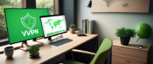 Create an image depicting a peaceful, modern home office setup with a Windows laptop displaying a VPN interface. The screen should show the VPN as active, suggesting security and anonymity, with green shield icons and a Connected status. Around the laptop, include subtle elements like a padlock, a globe, and Wi-Fi symbols to represent internet security and global access. The environment should feel safe and comfortable, indicating the reliability and ease of using free VPNs for Windows.