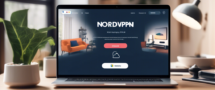 Create an image depicting a laptop displaying the NordVPN website, with a background showcasing a cozy, modern living room. The laptop screen should highlight NordVPN's pricing plans, while digital security icons hover around the room, symbolizing internet privacy and protection. Include subtle German text elements, like a price tag showing Preis and a lock symbol with Sicherheit. Make the scene warm and inviting to convey user-friendliness.