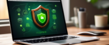 An image of a sleek, modern MacBook on a wooden desk with a cozy home office background. The laptop screen shows a VPN application interface with a connected status, highlighting a secure green shield icon. In the background, subtle elements such as a padlock, a digital shield, and a globe represent security, privacy, and internet connectivity. The atmosphere is warm and inviting, emphasizing the blend of technology with everyday home life.