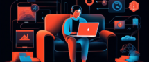 Create an image of a person sitting comfortably on their couch, using a laptop with a VPN icon on the screen. Surround them with various symbols representing popular streaming platforms like Netflix, Disney+, and Amazon Prime Video. The scene should convey a sense of seamless access to diverse global content, with a hint of futuristic technology and privacy.