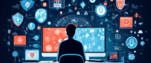 A high-quality digital illustration of a concerned person sitting at a desk with a computer, surrounded by icons representing cybersecurity threats, such as hackers, data breaches, and surveillance cameras. The person is activating a VPN on their computer, symbolized by a shield and a secure connection icon. The background shows different locations in the world, indicating secure international internet usage.