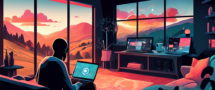 Create an illustration of a person happily streaming BBC iPlayer on a laptop in a cozy living room, with a large window showing a picturesque countryside view outside. Surround the scene with visual elements representing secure internet connection and privacy, like a glowing VPN shield, padlocks, and cloud symbols, emphasizing the concept of unrestricted streaming.