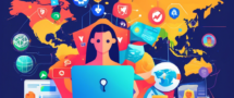 Create an illustration of a user safely browsing the internet on a laptop, surrounded by colorful icons representing various VPN services. Include elements like a shield symbolizing security, a globe indicating worldwide access, and a dollar sign crossed out to emphasize the 'free' aspect of the VPN apps. The background should be a digital world map, showcasing connectivity and safety in online activities.