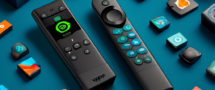 An artistic flat lay of a Firestick remote control surrounded by a digital screen displaying VPN logos and icons, with colorful comparisons and reviews. Include elements like a virtual shield symbolizing security, a seamless streaming interface, and various habitats like a living room setup. The background should be tech-inspired, with soft blues and greens to convey a sense of reliability and innovation.