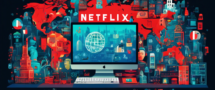 Create an imaginative and vibrant illustration showcasing a computer screen displaying the Netflix logo surrounded by digital security elements like padlocks, firewalls, and a globe symbolizing global access. Include diverse characters enjoying streaming on their devices, with a backdrop of a stylized cityscape representing various countries. Emphasize a theme of safety and freedom in internet browsing and streaming.