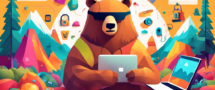 Create an illustration of a bear wearing a virtual reality headset while browsing the internet safely in a colorful, whimsical digital landscape, surrounded by shield icons and padlocks. Incorporate elements that represent privacy and security, such as encrypted data streams and a serene forest background. The bear should look friendly and approachable, embodying the concept of safe surfing with TunnelBear VPN.