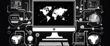 Create an illustration showing a computer screen displaying a 'VPN Changer' application in action. The screen should depict a user selecting different countries to change their IP address, with visual elements like a glowing globe and indicators for internet security. The background can include abstract digital elements representing cybersecurity and online privacy.