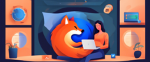 Create an image illustrating the concept of secure internet browsing with Firefox VPN. The scene should depict a person comfortably using their laptop in a cozy home environment, surrounded by digital elements symbolizing security, such as a shield icon and a lock. Include the Firefox logo subtly in the background, along with visual representations of a safe and private online experience, like a serene digital landscape.