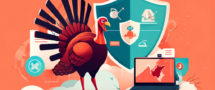 Create an illustration highlighting the benefits of using a Turkey VPN for secure and anonymous browsing. Include symbolic elements such as a person surfing the internet safe behind a shield, a map of Turkey, and digital icons representing privacy and security, like locks and masked figures. Use a modern, tech-inspired color palette to convey a sense of safety and advanced technology.