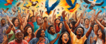 An artistic representation of 'Freedom' in the modern world, featuring a diverse group of people from different cultures and backgrounds celebrating their freedom in various ways. The scene should be vibrant, incorporating symbols of liberty such as birds, open skies, and flourishing nature, along with urban elements like graffiti and technology to reflect contemporary society. The atmosphere should be joyful and uplifting, capturing the essence of freedom and its significance in today's world.